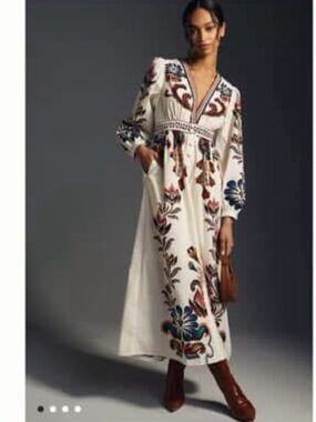 Farm Rio Plus Size 3X Ivory Maxi Dress with Multicolor Floral Embroidery